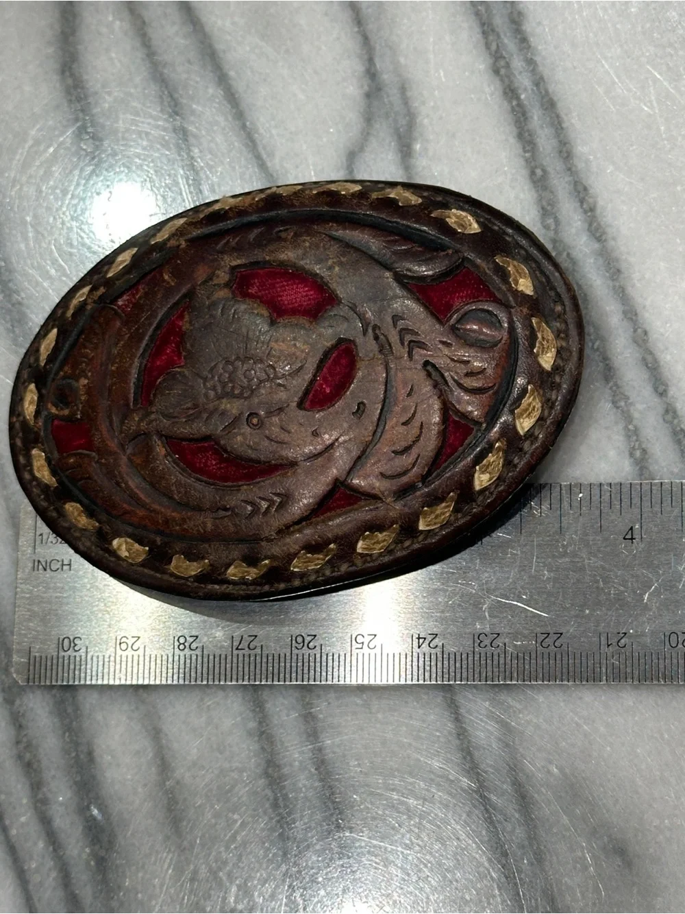 Circle Y Tooled Leather Belt Buckle Vintage Western Bird Red Velvet
